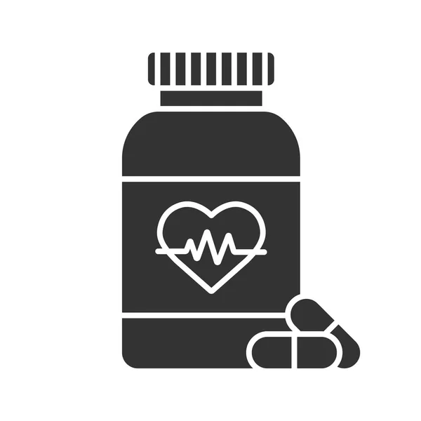 Μπουκάλι Χάπια Εικονίδιο Καρδιάς Γλύφου Συμπλήρωμα Καρδιο Φάρμακα Σύμβολο Σιλουέτα — Διανυσματικό Αρχείο