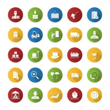 Düz nakliye kargo tasarım uzun gölge glif simgeler kümesi, vektör, illüstrasyon