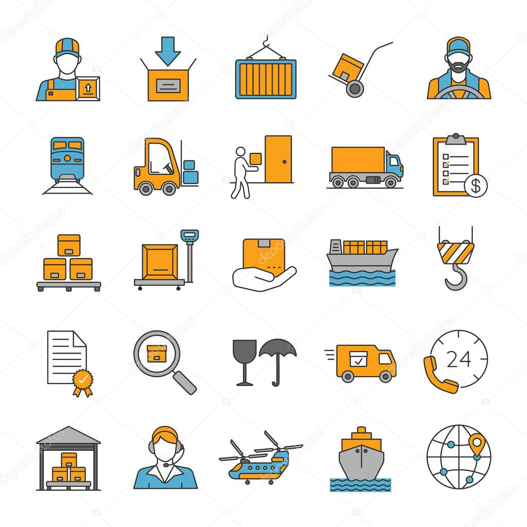 Set of cargo shipping color icons, vector, illustration
