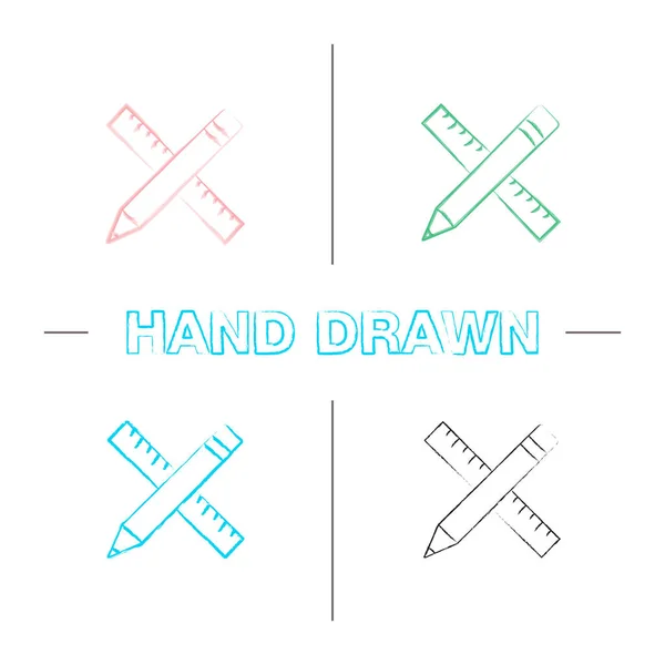 Ruler and pencil hand drawn icons set on white background