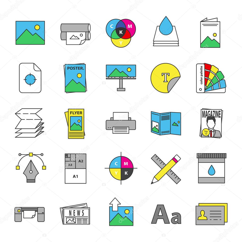 Printing color icons set on white background