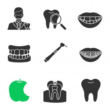 Diş Hekimliği glif Icons set: diş hekimi, diş kontrol, takma diş, eksik diş, diş matkap, diş teli, ısırıldı elma, çürük, beyaz arka plan üzerinde sağlıklı azı