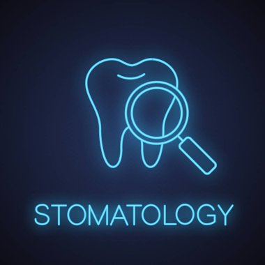 Diş sağlık kontrolünden neon ışığı simgesi koyu arka plan üzerinde