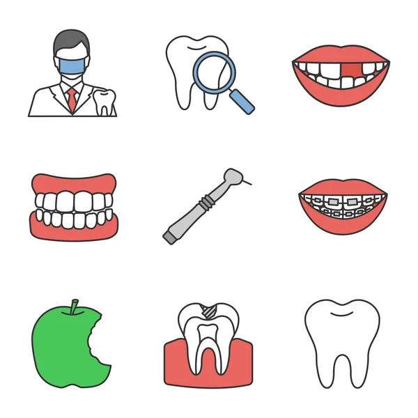 Farbsymbole Für Die Zahnheilkunde Zahnarzt Zähnekontrolle Prothese Fehlender Zahn Zahnbohrer — Stockvektor