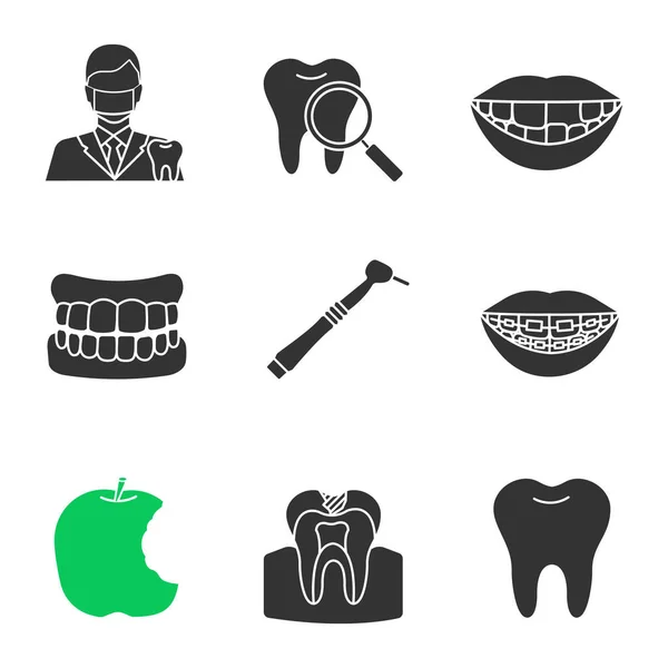 Conjunto Iconos Glifo Odontología Dentista Revisión Dientes Dentadura Postiza Diente — Vector de stock