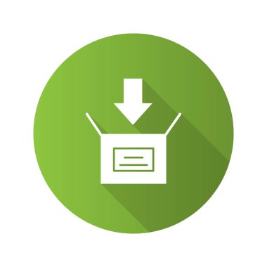 Düz tasarım uzun gölge glif simgesi ambalaj parsel. Aşağı ok aç kutusu ile. İndiriyor. Vektör siluet çizimi