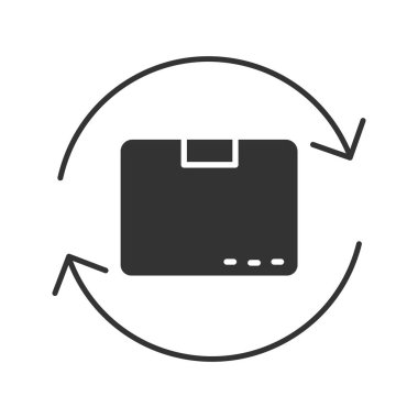 Parsel iade hizmeti glif simgesi. Siluet simge. Yeniden paketleme. Karton kutu daire ok ile. Negatif alan. İzole vektör çizim