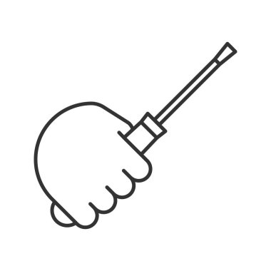 Tornavida doğrusal simgesi tutan el. İnce hat illüstrasyon. Marangoz, tamirci. Kontur sembolü. Çizim vektör izole anahat