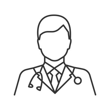 Doktor doğrusal simgesi. Tıbbi işçi. İnce hat illüstrasyon. Uygulayıcı. Kontur sembolü. Çizim vektör izole anahat