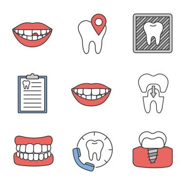 Diş Hekimliği renk simgeler kümesi. Kırık diş, diş Kliniği konumu, X-ray görüntü, tanı raporu, sağlıklı gülümseme, taç, takma diş, diş hekimine ara, implant. İzole vektör çizimler