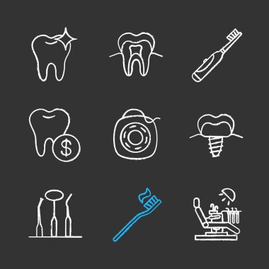 Diş Hekimliği tebeşir Icons set. Sağlıklı diş yapısı, elektrikli diş fırçası, diş servis fiyatları, implant, dişçi aletleri, ipi, diş sandalye. İzole vektör kara tahta çizimler