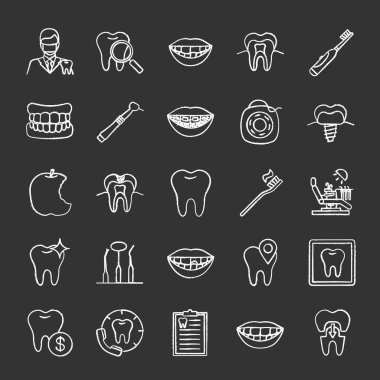 Diş Hekimliği tebeşir Icons set. Stomatology. Diş Kliniği Hizmetleri, aletleri, diş hijyen, sorunlar. İzole vektör kara tahta çizimler
