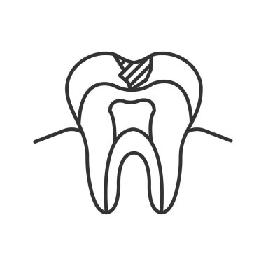 Çürük doğrusal simgesi. İnce hat illüstrasyon. Hasta diş yapısı. Kontur sembolü. İzole vektör çizim