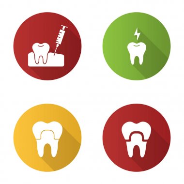 Diş Hekimliği düz tasarım uzun gölge glif simgeler kümesi. Stomatology. Sakız enjeksiyon, diş taç, diş ağrısı. Vektör siluet çizimi