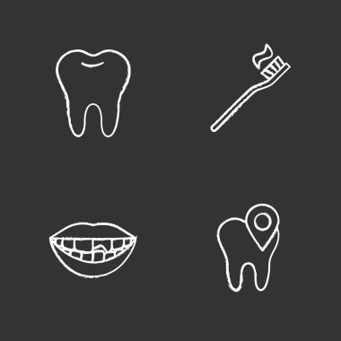 Diş Hekimliği tebeşir Icons set. Stomatology. Sağlıklı diş, diş Kliniği konumu, kırık diş, diş fırçası ve diş macunu. İzole vektör kara tahta çizimler