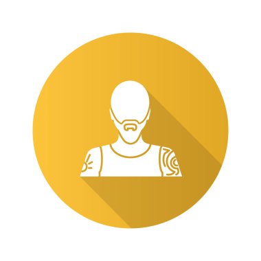 Dövme Sanatçı düz tasarım uzun gölge glif simgesi. Dövmeci. Dövmeli vücut olan adam. Vektör siluet çizimi