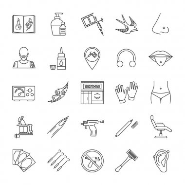 Stüdyo doğrusal Icons set dövme. Hizmet piercing. Çizimler, donatım ve aygıtlar dövme. İnce çizgi kontur sembolleri. İzole vektör anahat çizimler