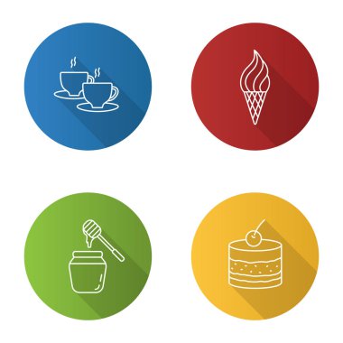 Condectionery düz doğrusal uzun gölge simgeler kümesi. Kahve evi menü. Sıcak bir içecek, dondurma koni, bal kavanozu, tiramisu. Vektör anahat çizim