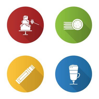 Condectionery düz tasarım uzun gölge glif simgeler kümesi. Çikolata Çeşmesi, sandviç kurabiye, sakız sopa, macchiato latte. Vektör siluet çizimi