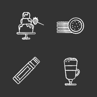 Condectionery tebeşir simgeler kümesi. Çikolata Çeşmesi, sandviç kurabiye, sakız sopa, macchiato latte. İzole vektör kara tahta çizimler