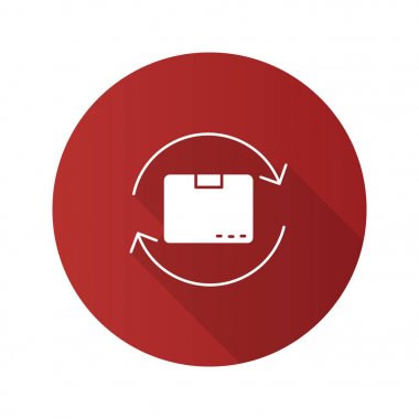 Parsel dönüş servisi düz tasarım uzun gölge glif simgesi. Yeniden paketleme. Karton kutu daire ok ile. Vektör siluet çizimi