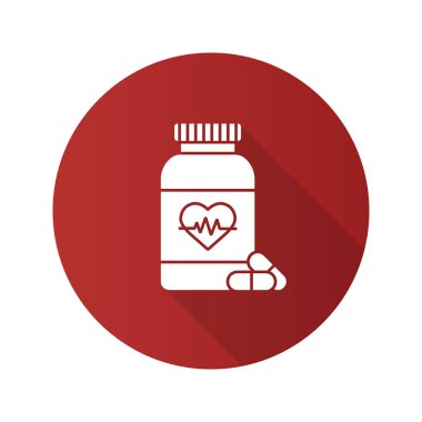 Kalp düz tasarım uzun gölge glif simgesi ile hapları şişe. İlaçlar. Kardiyo ek. Vektör siluet çizimi