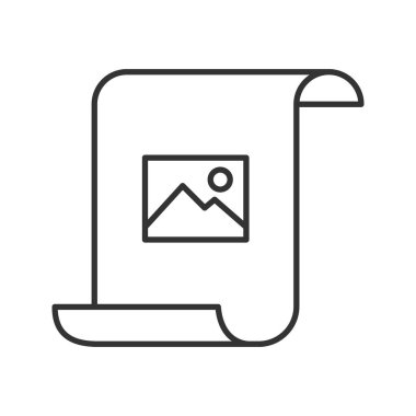 Görüntü doğrusal simgesi ile kağıt kaydırma. İnce hat illüstrasyon. Yazdırma. Kontur sembolü. Çizim vektör izole anahat