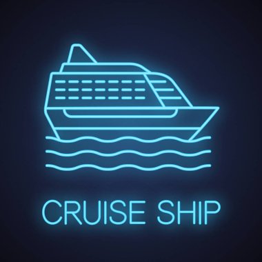 Cruise Gemi neon ışığı simgesi. Okyanus gemisi. İşareti parlayan. İzole vektör çizim