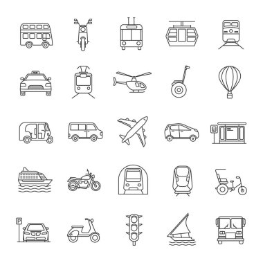 Toplu taşıma doğrusal Icons set. İnce çizgi kontur sembolleri. Su, kara ve hava araçları. Taşıma modları. İzole vektör anahat çizimler