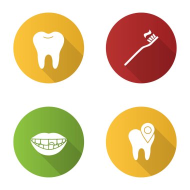 Diş Hekimliği düz tasarım uzun gölge glif simgeler kümesi. Stomatology. Sağlıklı diş, diş Kliniği konumu, kırık diş, diş fırçası ve diş macunu. Vektör siluet çizimi