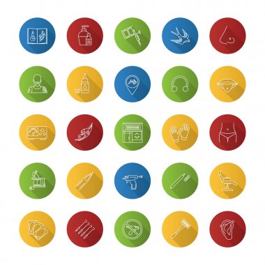 Stüdyo Daire doğrusal uzun gölge simgeler kümesi dövme. Hizmet piercing. Çizimler, donatım ve aygıtlar dövme. Vektör anahat çizim