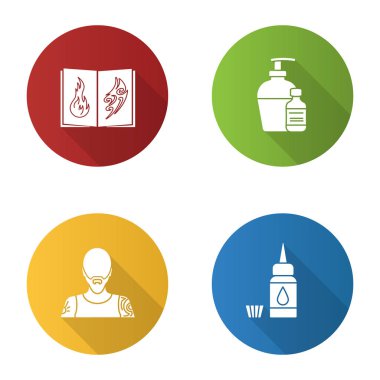 Stüdyo düz tasarım uzun gölge glif simgeler kümesi dövme. Hizmet piercing. Dövme eskiz defteri, antibakteriyel sıvı, dövmeci, mürekkep şişesi ve kap. Vektör siluet çizimi