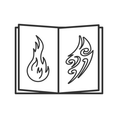 Dövme kataloğu doğrusal simgesi görüntüler. Dövmeci'nın portföy. İnce hat illüstrasyon. Dövmeler eskiz defteri. Kontur sembolü. Çizim vektör izole anahat