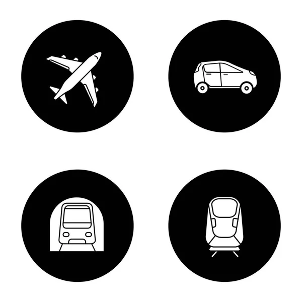 Set Icone Del Glifo Dei Trasporti Pubblici Modalità Trasporto Aereo — Vettoriale Stock
