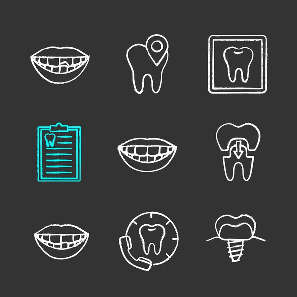 Set Iconos Tiza Odontología Dientes Rotos Desaparecidos Ubicación Clínica Dental — Vector de stock