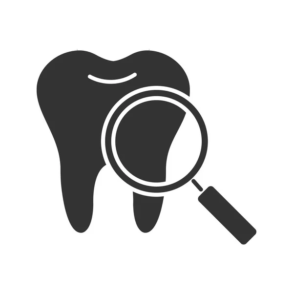 歯の医療では グリフのアイコンを確認してください シルエットのシンボル 虫眼鏡で歯します 否定的なスペース 分離したベクトル図 — ストックベクタ