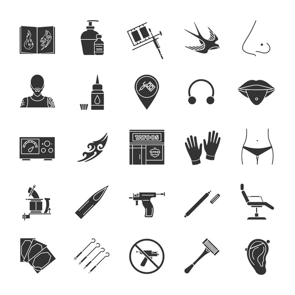 Tattoo Studio Glyph Pictogrammen Set Piercing Service Tattoo Schetsen Instrumenten — Stockvector