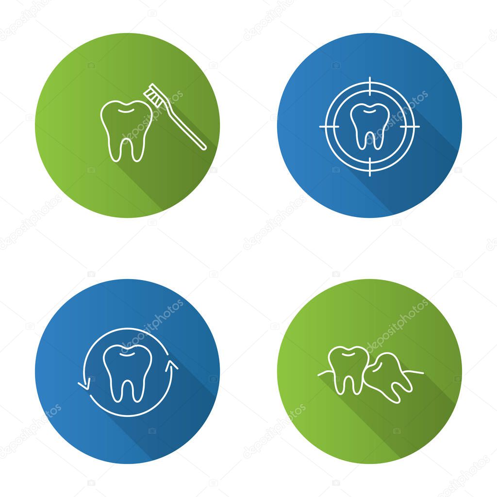 Dentistry flat linear long shadow icons set. Stomatology. Teeth brushing, aim on tooth, dental restoration, crooked teeth. Vector outline illustration
