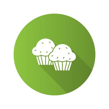 Cupcakes düz tasarım uzun gölge glif simgesi
