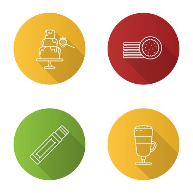 Şekerleme düz doğrusal Icons set: çikolata Çeşmesi, sandviç kurabiye, sakız sopa, macchiato latte