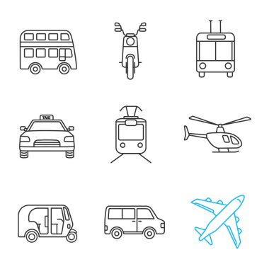 Toplu taşıma doğrusal Icons set: Çift katlı otobüs, scooter, troleybüs, taksi, tramvay, helikopter, otomatik çekçek, minivan, uçak