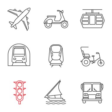 Toplu taşıma doğrusal Icons set: uçak, scooter, füniküler, metro, transrapid, döngüsü çekçek, trafik ışıkları, yelkenli tekne, otobüs