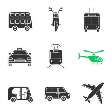 Toplu taşıma glif Icons set: Çift katlı otobüs, scooter, troleybüs, taksi, tramvay, helikopter, otomatik çekçek, minivan, uçak