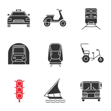 Toplu taşıma glif Icons set: taksi, scooter, tren, metro, transrapid, döngüsü çekçek, trafik ışıkları, yelkenli tekne, otobüs