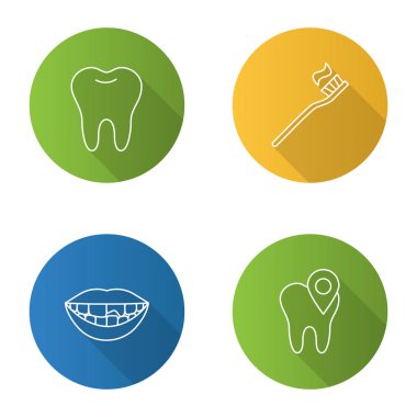 Diş Hekimliği düz doğrusal uzun gölge Icons set: Sağlıklı diş, diş Kliniği konumu, kırık diş, diş fırçası ve diş macunu