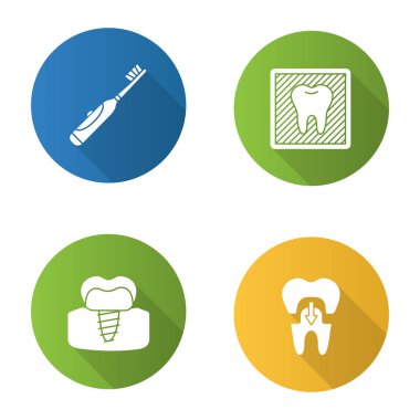 Diş Hekimliği düz tasarım Icons set: elektrikli diş fırçası, diş röntgeni, dişçi implant, diş taç