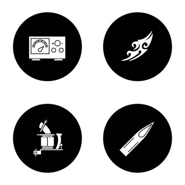 Tattoo studio Icons set: güç kaynağı, dövme makinesi, kroki, mürekkep iğne uç