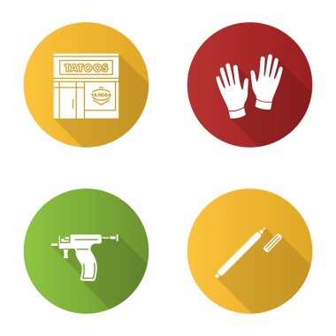 Tattoo studio Icons set: piercing dövme salonu dış, Medikal eldivenler, silah, fosforlu kalem