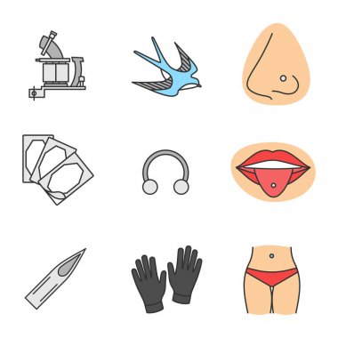 Tattoo studio renk Icons set: dövme makinesi, kroki, deldi burun ve dilini yutmak, onarım etiket, yarım çember halka, iğne ucu, Medikal Ürünler, göbek piercing