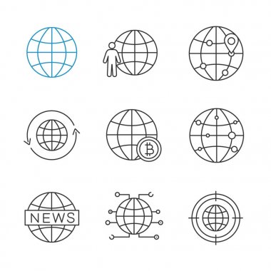 Dünya çapında doğrusal Icons set: Globe, gezegen nüfus, yönlendirmek, dünya, küresel bitcoin, internet bağlantısı